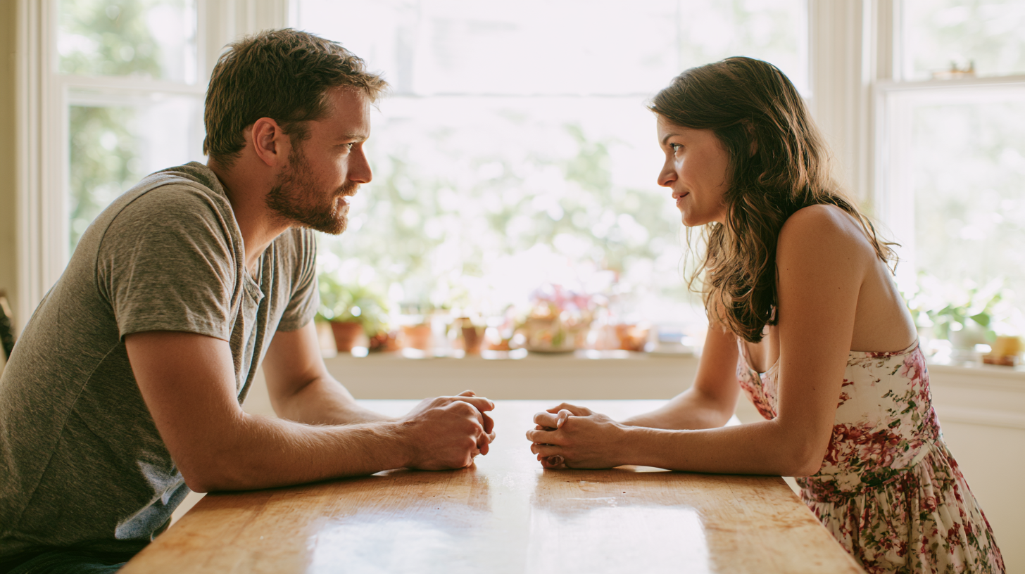 does-couples-therapy-work - Caring Clarity Counseling Man and Woman Sit Across from Each Other at a Wooden Table, Hands Clasped, in a Sunlit Kitchen with Potted Plants.
