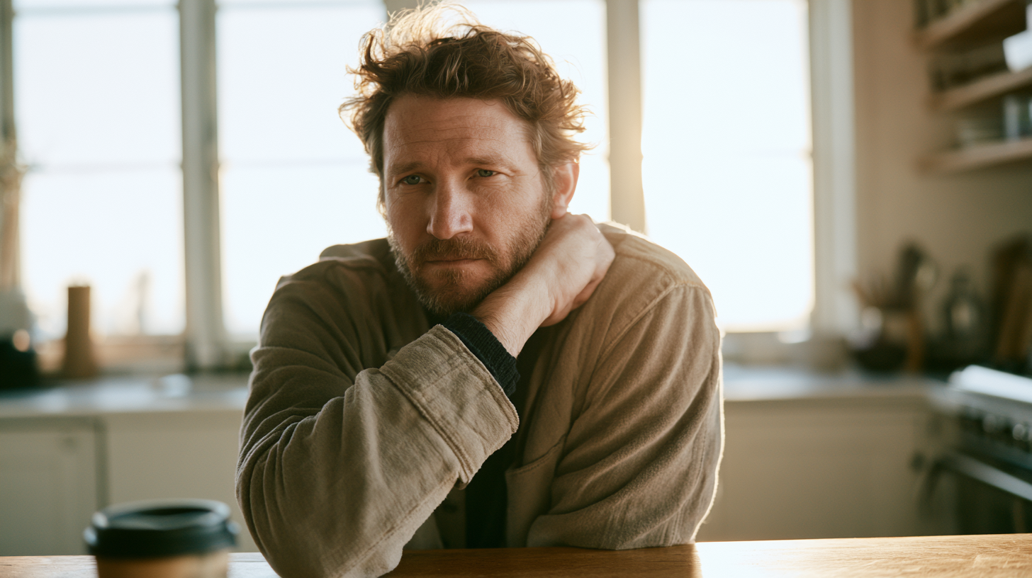 does-therapy-actually-work - Caring Clarity Counseling Bearded Man Sits at a Wooden Table in a Sunlit Kitchen, Resting His Chin on His Hands.