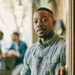 Man in a Denim Shirt Leans Against a Cafe Doorway, with Blurred Customers Chatting in the Background.