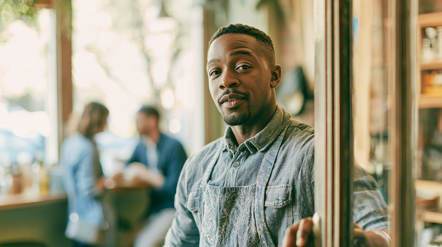 Man in a Denim Shirt Leans Against a Cafe Doorway, with Blurred Customers Chatting in the Background.