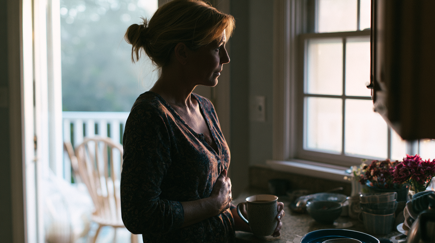 grief-and-anxiety-disorders - Caring Clarity Counseling Side-profile of a Woman in a Patterned Shirt Standing by a Kitchen Counter, Holding a Mug and Looking Toward a Window.