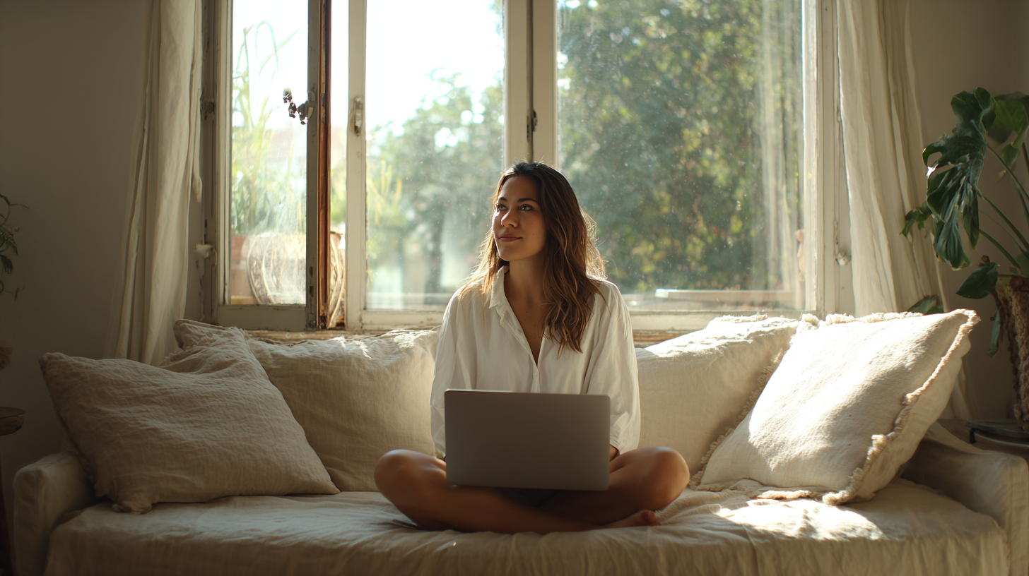 Woman Sitting Cross-legged on a Beige Sofa with a Laptop in Her Lap, by a Sunlit Window.
