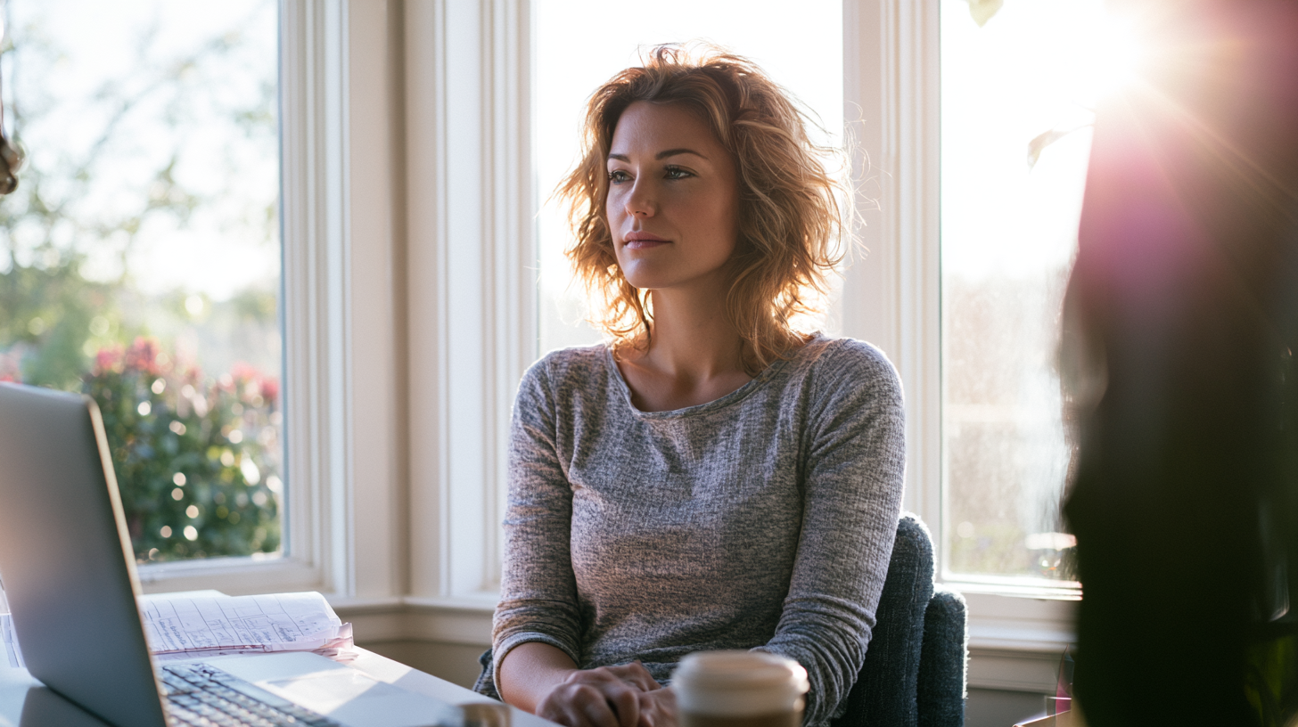 high-functioning-depression - Caring Clarity Counseling Woman with Wavy Hair Sits at a Desk by a Sunlit Window, Looking Thoughtful, with a Laptop and Coffee Cup Nearby.