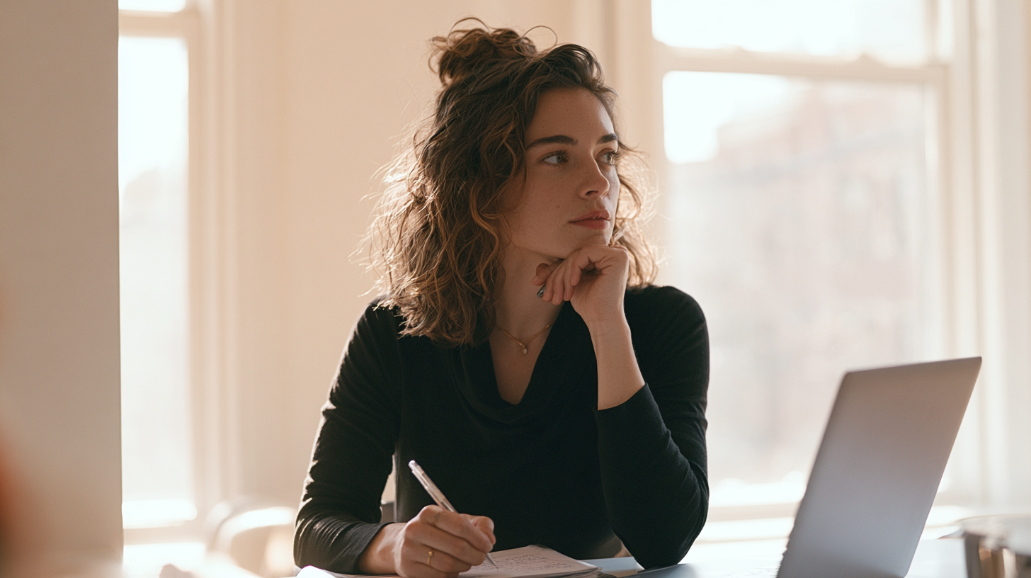 Woman Seated at a Desk, Writing in a Notebook While Resting Her Chin, Laptop Beside Her in a Sunlit Room.