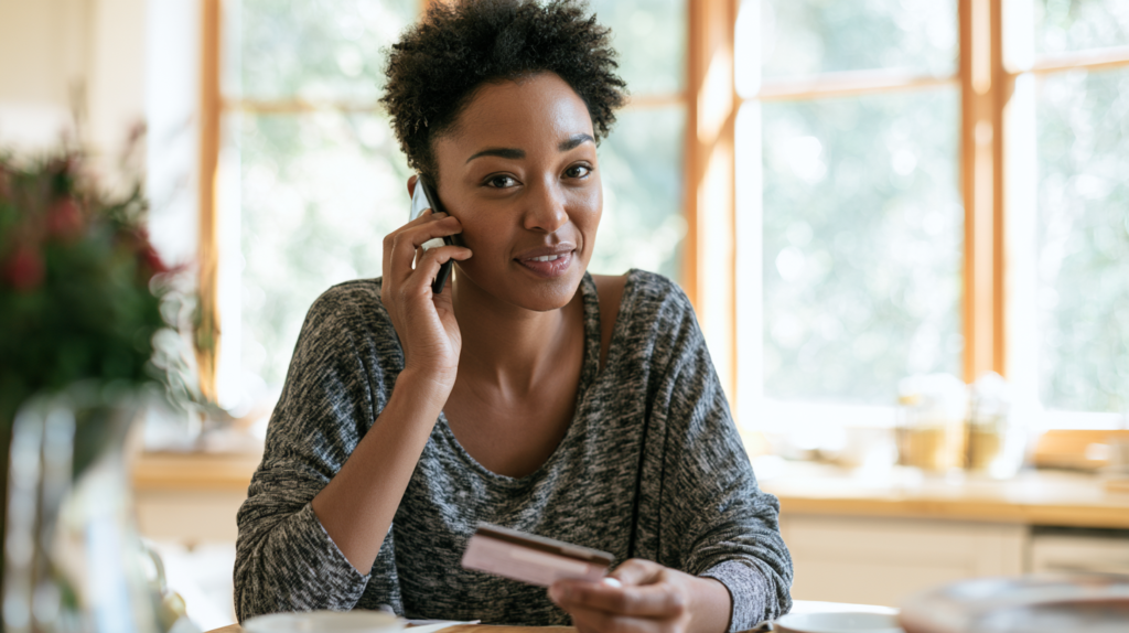 Woman with Short Natural Hair on a Phone Call, Holding a Credit Card at a Bright Kitchen Table.