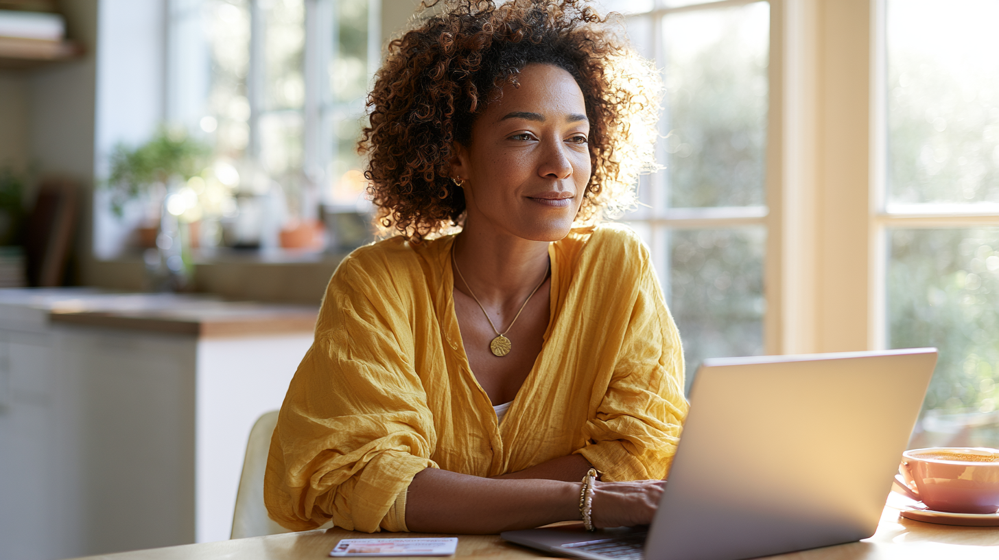 Woman with Curly Hair in a Yellow Blouse Sits at a Wooden Table with a Laptop in a Bright, Sunlit Kitchen.