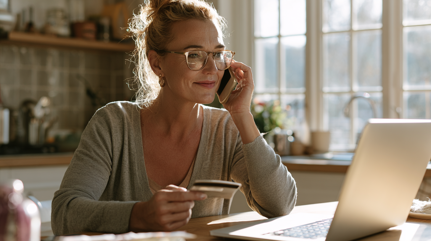 Woman Wearing Glasses on a Phone Call at a Sunlit Kitchen Table, Holding a Credit Card Near a Laptop.
