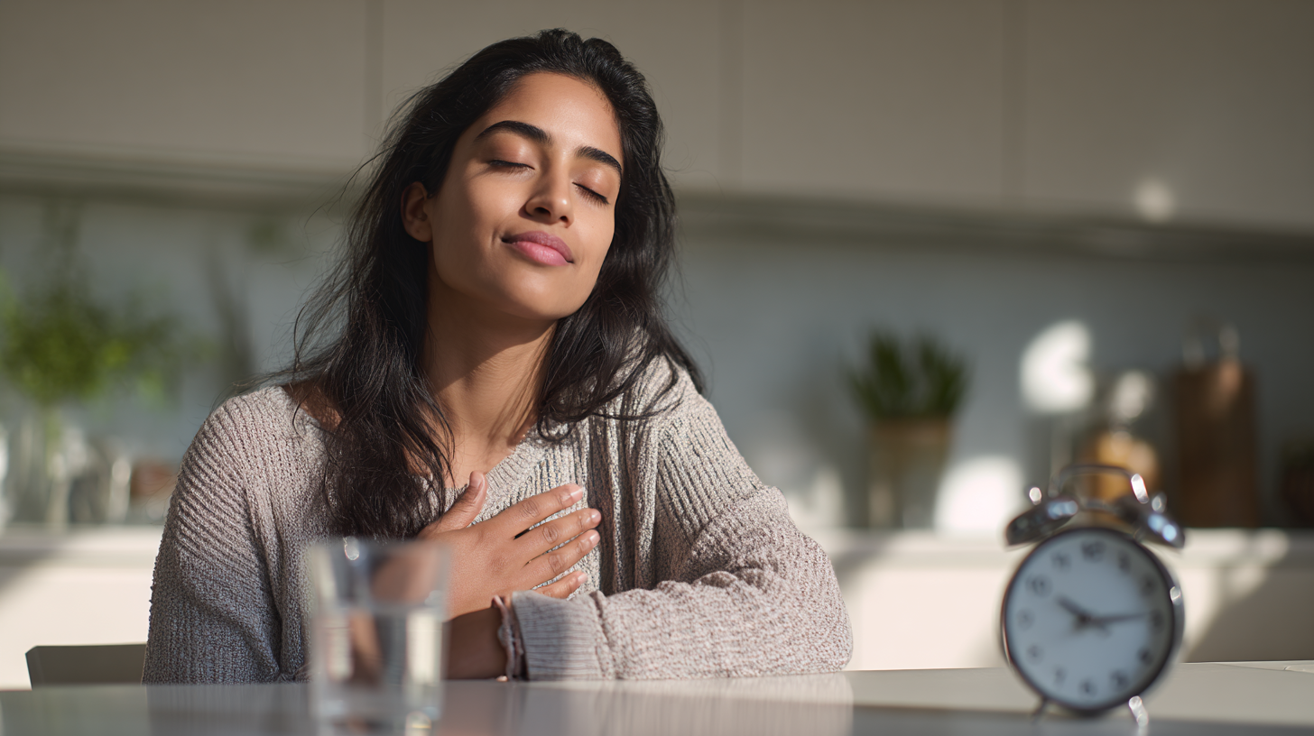 how-long-does-anxiety-chest-pain-last - Caring Clarity Counseling Calm Woman with Eyes Closed, Hand on Her Chest, Basking in Sunlight at a Kitchen Table with a Glass of Water and an Alarm Clock Nearby.