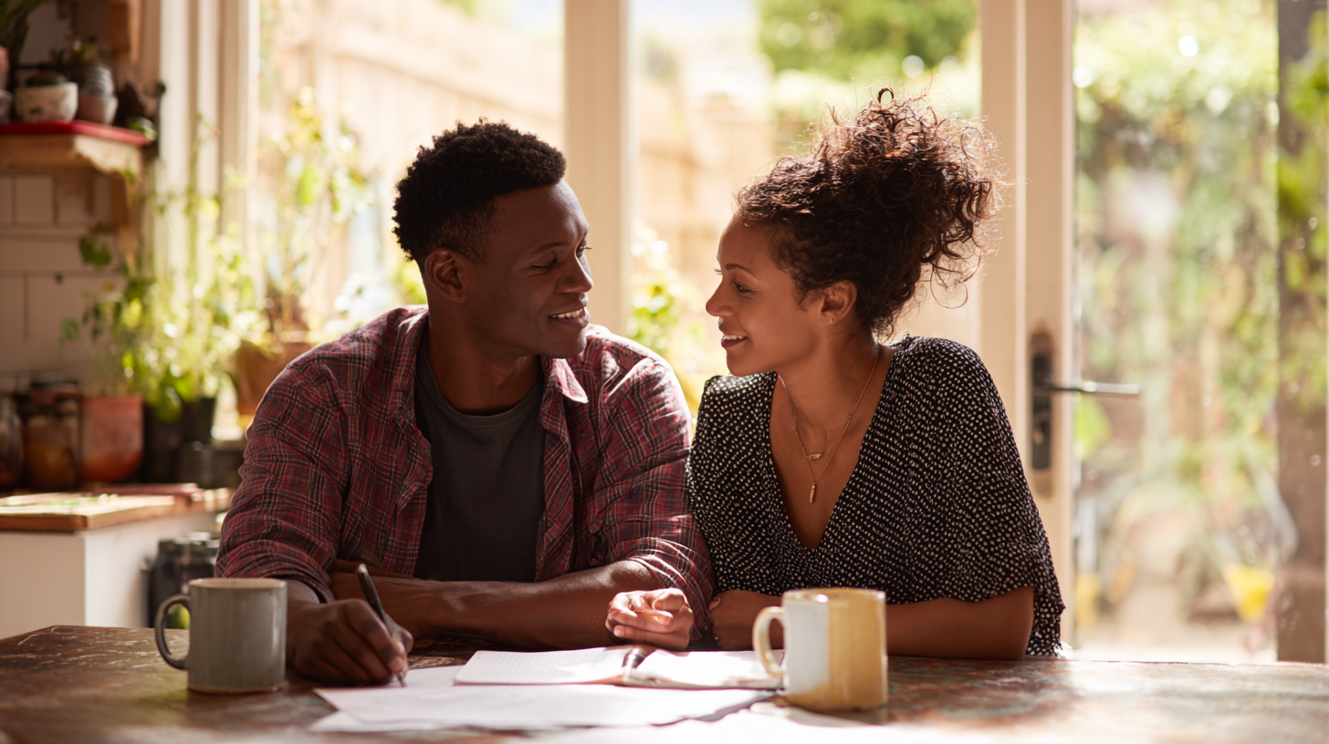 how-long-is-premarital-counseling - Caring Clarity Counseling Smiling Couple Sits at a Sunlit Kitchen Table, Writing in a Notebook with Mugs Nearby.