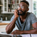 Bearded Man with Glasses Sits at a Kitchen Counter, Thoughtful, Holding a Pen Near His Mouth with a Laptop and Notebook in Front.