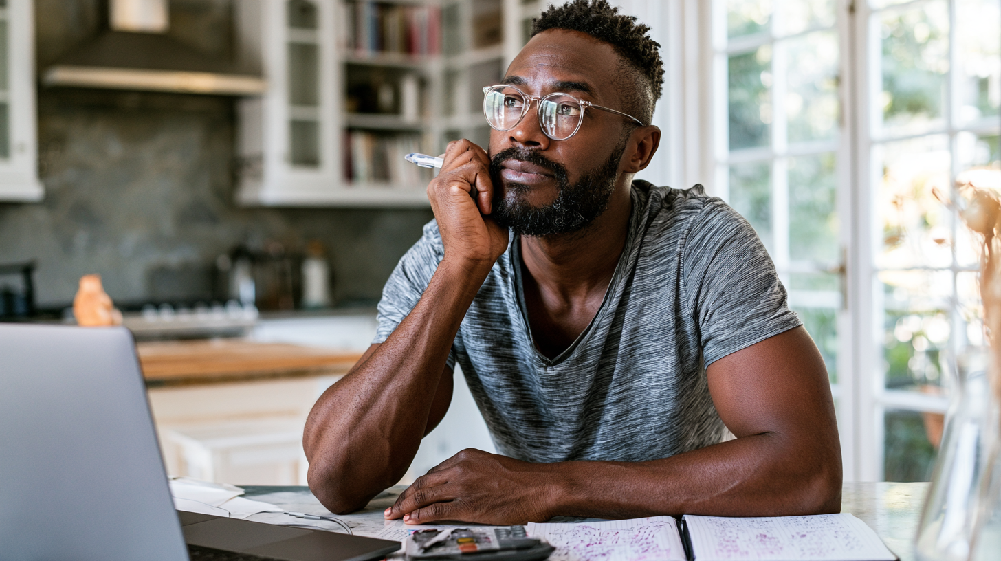 how-much-does-therapy-cost - Caring Clarity Counseling Bearded Man with Glasses Sits at a Kitchen Counter, Thoughtful, Holding a Pen Near His Mouth with a Laptop and Notebook in Front.