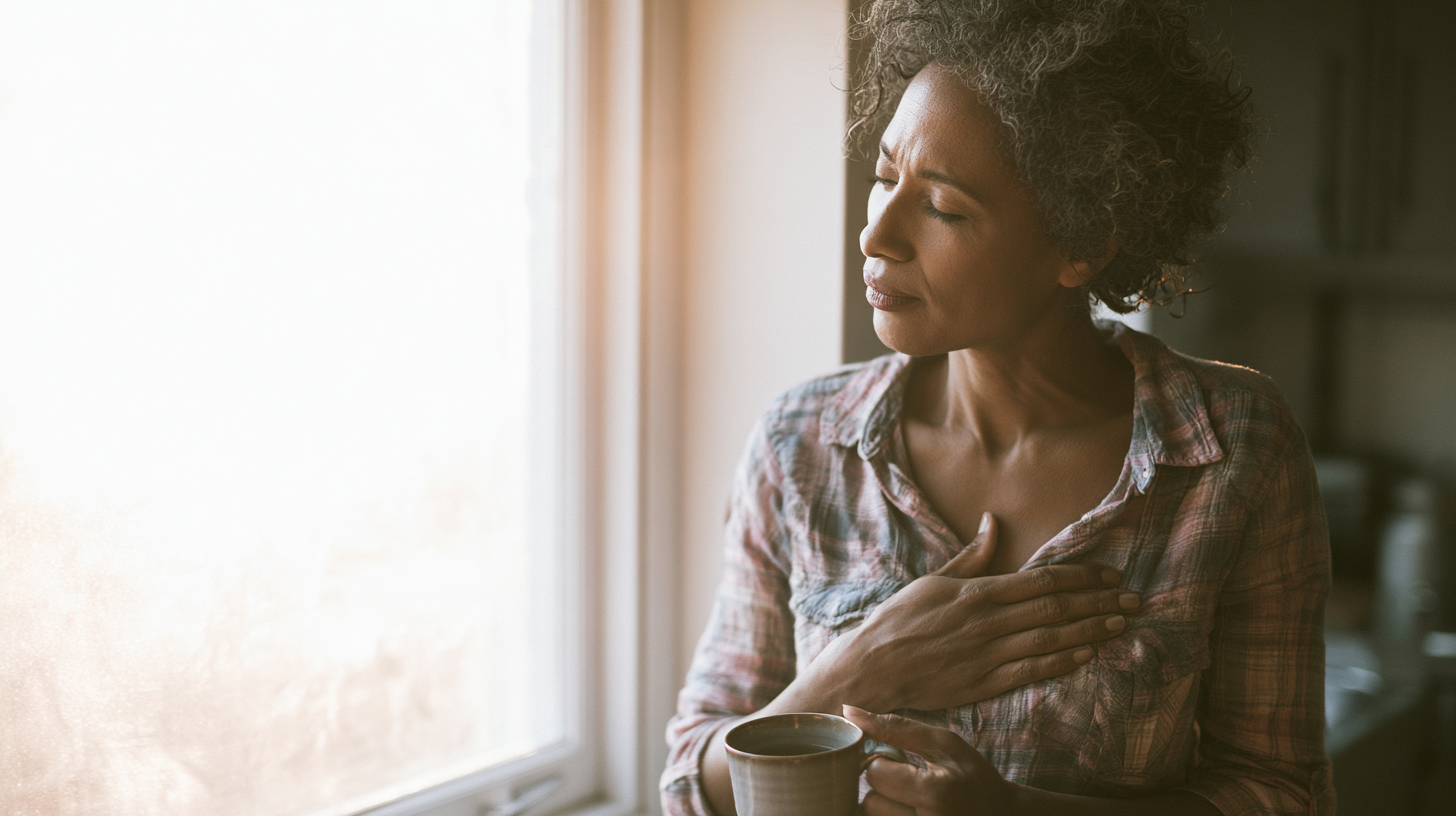Woman with Short Curly Hair Stands by a Sunlit Window, One Hand on Her Chest and a Mug in the Other, Looking Thoughtful.