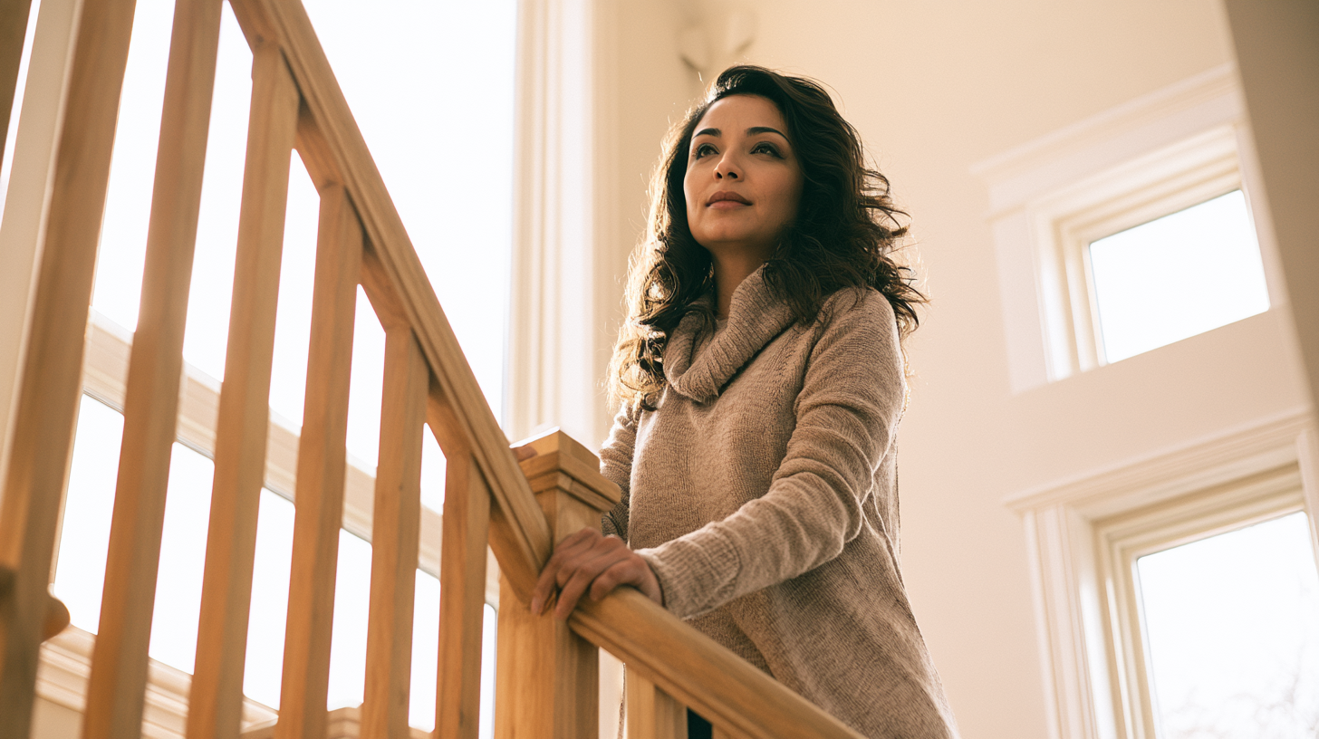 Woman Standing on a Wooden Staircase in a Sunlit, Airy Home, Looking Contemplative.