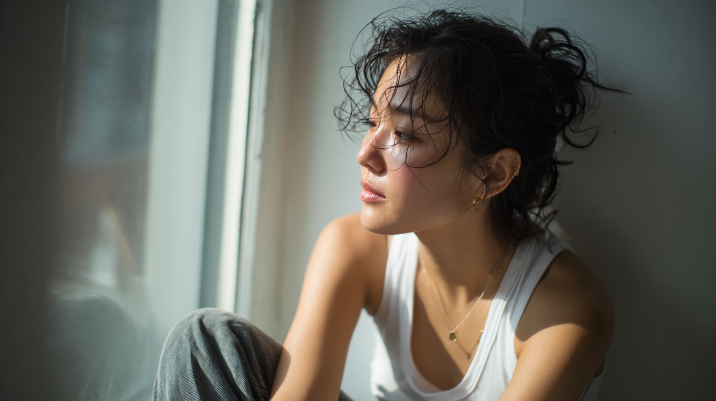 Side-profile of a Thoughtful Woman in a White Tank Top Sitting by a Sunlit Window, Looking Outward.