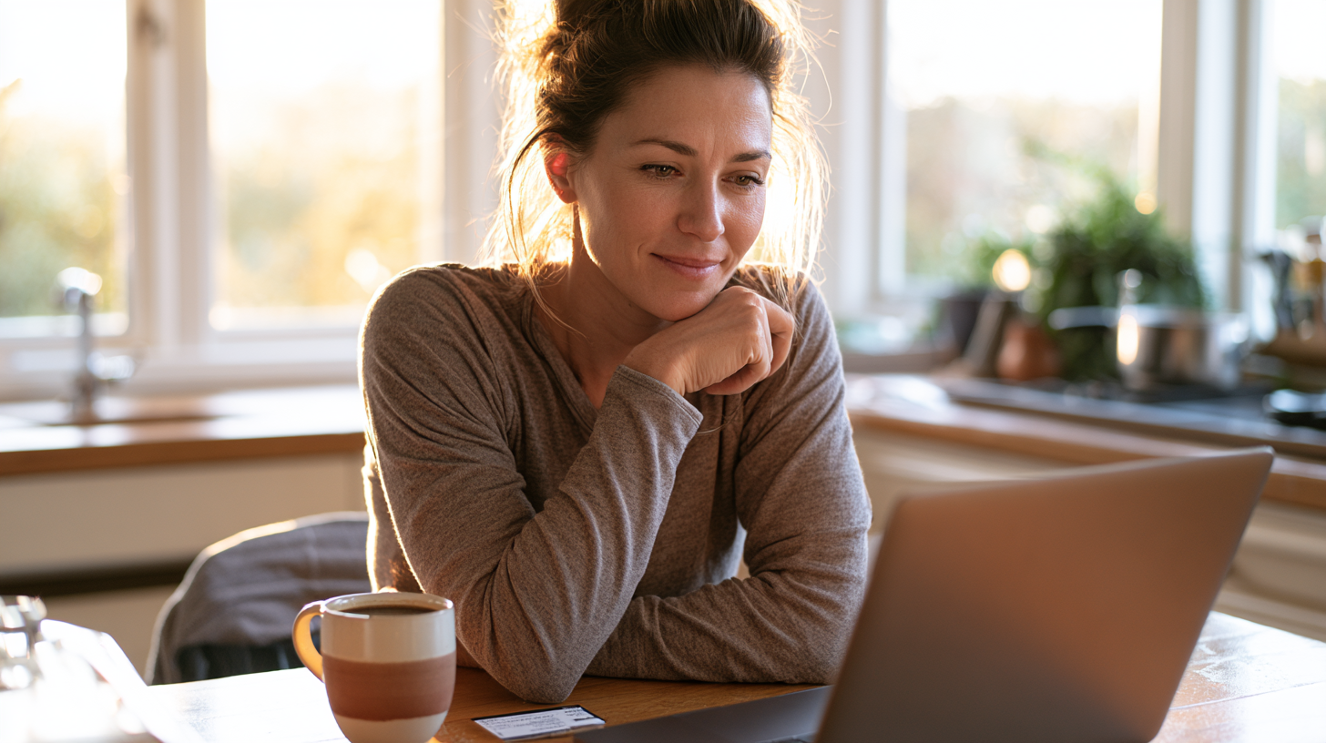 ibx-therapist-delaware - Caring Clarity Counseling Woman Sits at a Wooden Kitchen Table, Resting Her Chin on Her Hands While Looking at a Laptop Screen in Warm Morning Light.