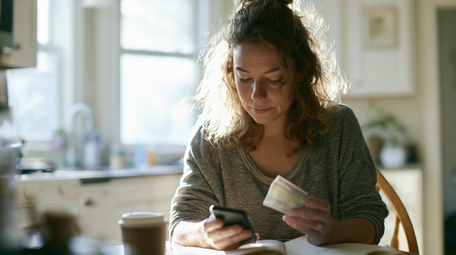 ibx-therapist-newark-nj - Caring Clarity Counseling Woman at Kitchen Table Looking at Her Phone While Holding a Credit Card and a Notebook, Sunlight Streaming In.