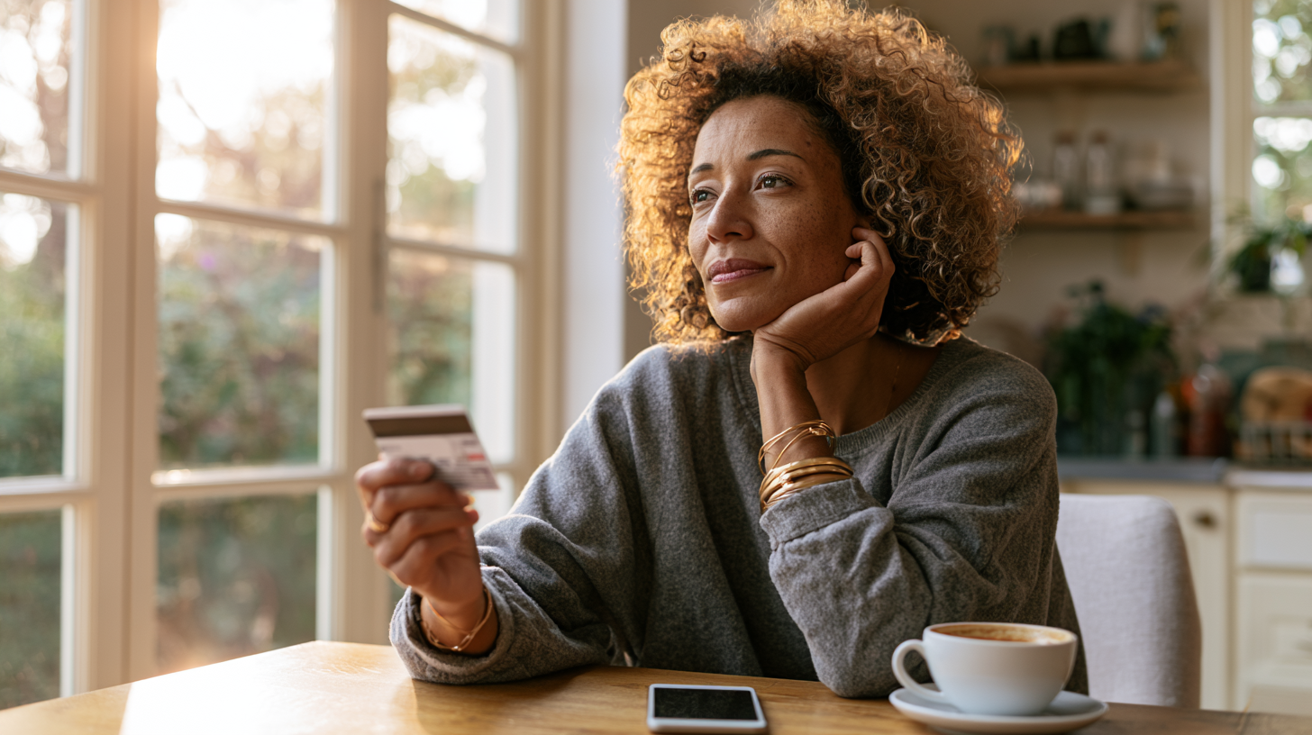 ibx-therapist-philadelphia-pa - Caring Clarity Counseling Woman with Curly Hair Sits at a Sunlit Kitchen Table, Holding a Credit Card and Looking Thoughtful.