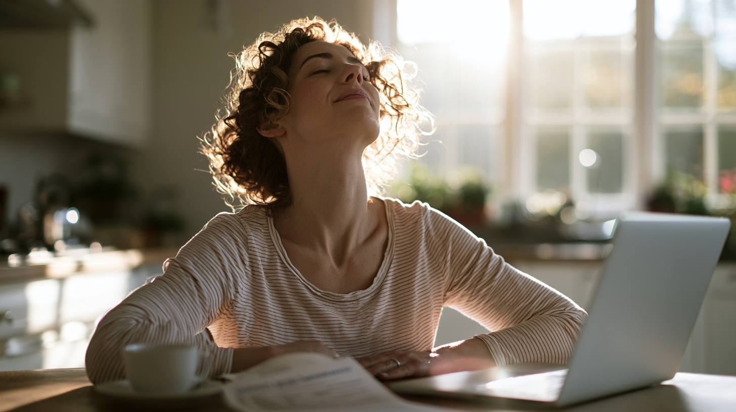 Woman Sits at a Sunlit Kitchen Table, Eyes Closed, Smiling As She Leans Back Beside a Laptop and Newspaper to Start Her Day.