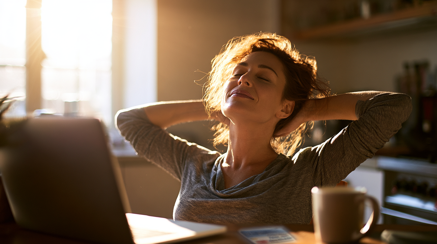 ibx-therapist-wilmington-de - Caring Clarity Counseling Woman Sitting at a Laptop in a Sunlit Kitchen, Eyes Closed, Smiling with Hands Behind Her Head.