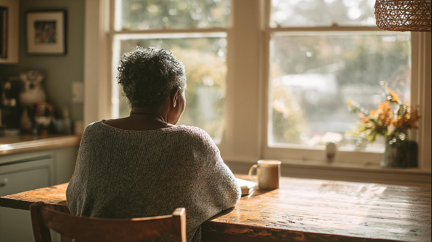 is-depression-a-mental-disability-1 - Caring Clarity Counseling Older Person with Short Curly Gray Hair Sits at a Wooden Kitchen Table by a Sunlit Window, Facing Away.