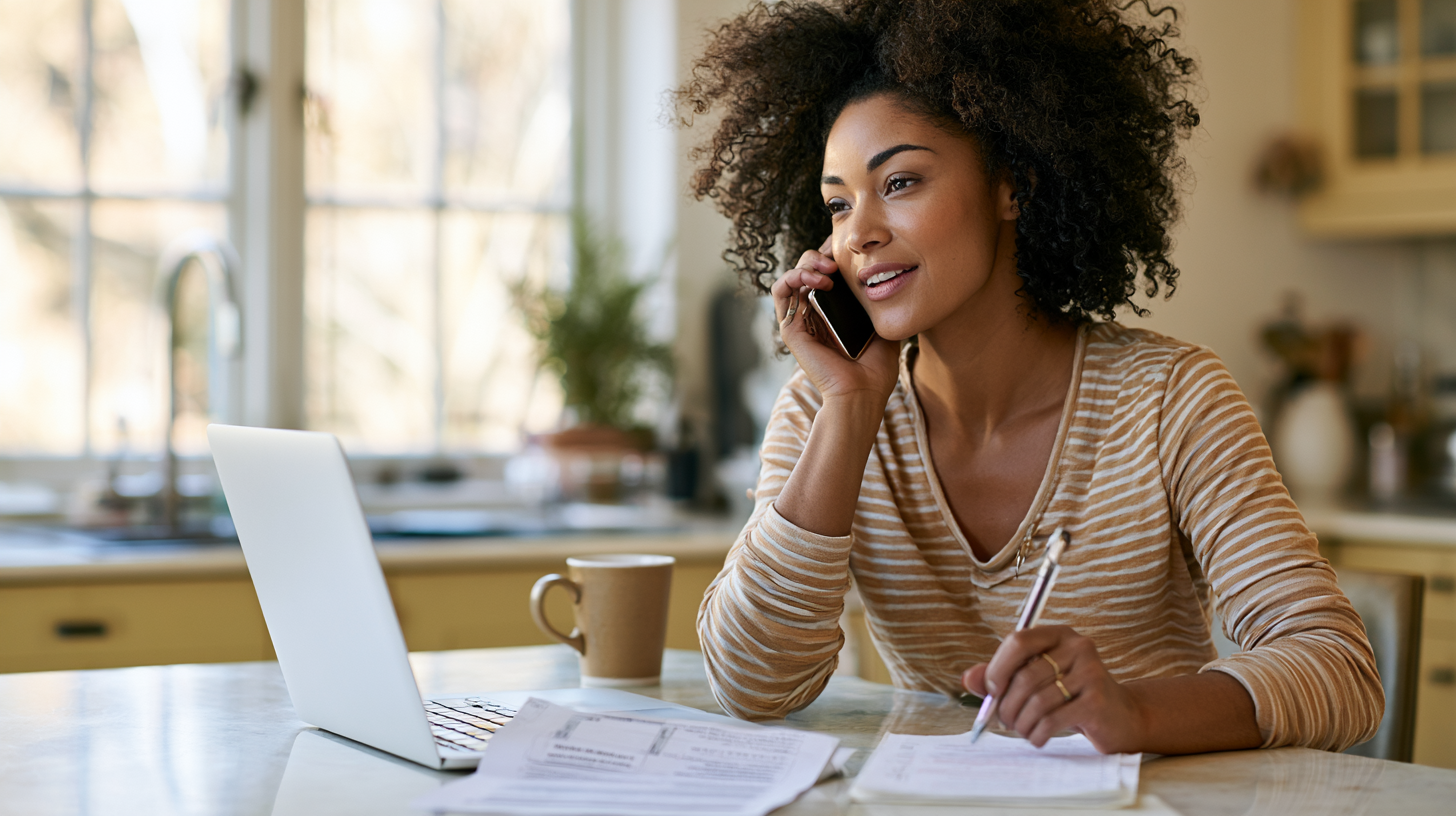 is-therapist-covered-by-insurance - Caring Clarity Counseling Woman in Striped Shirt Sits at a Bright Kitchen Table, Talking on a Mobile Phone While Writing on Papers with a Laptop Nearby and a Mug in View.