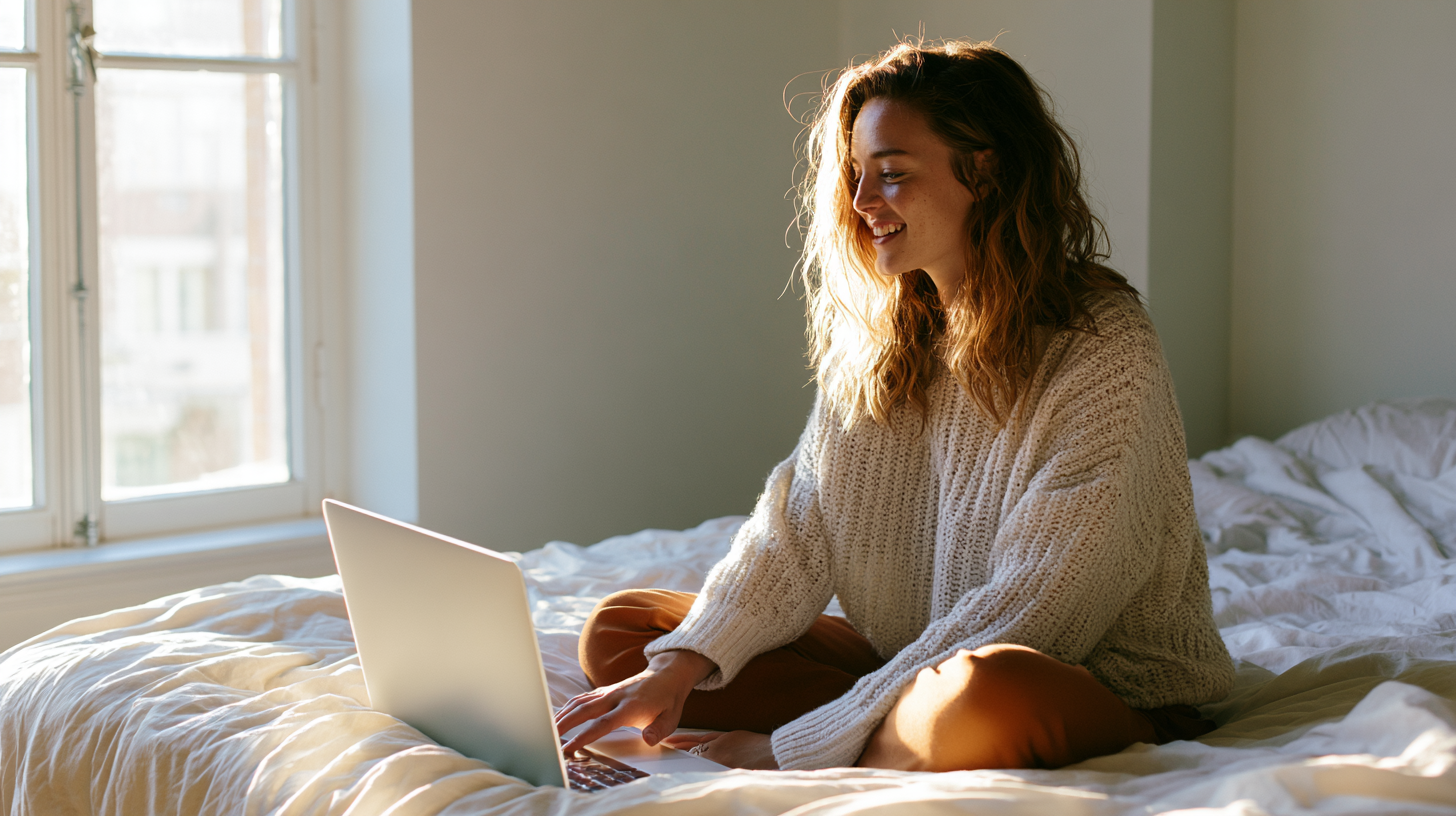 long-distance-couples-therapy-1 - Caring Clarity Counseling Young Woman Sits on a Bed Typing on a Silver Laptop, Sunlight Streaming Through a Window.