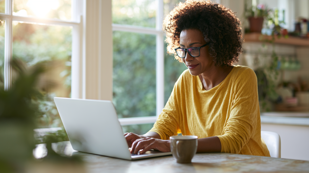 Woman with Curly Hair and Glasses Working on a Laptop at a Sunlit Kitchen Table, with a Mug Nearby.