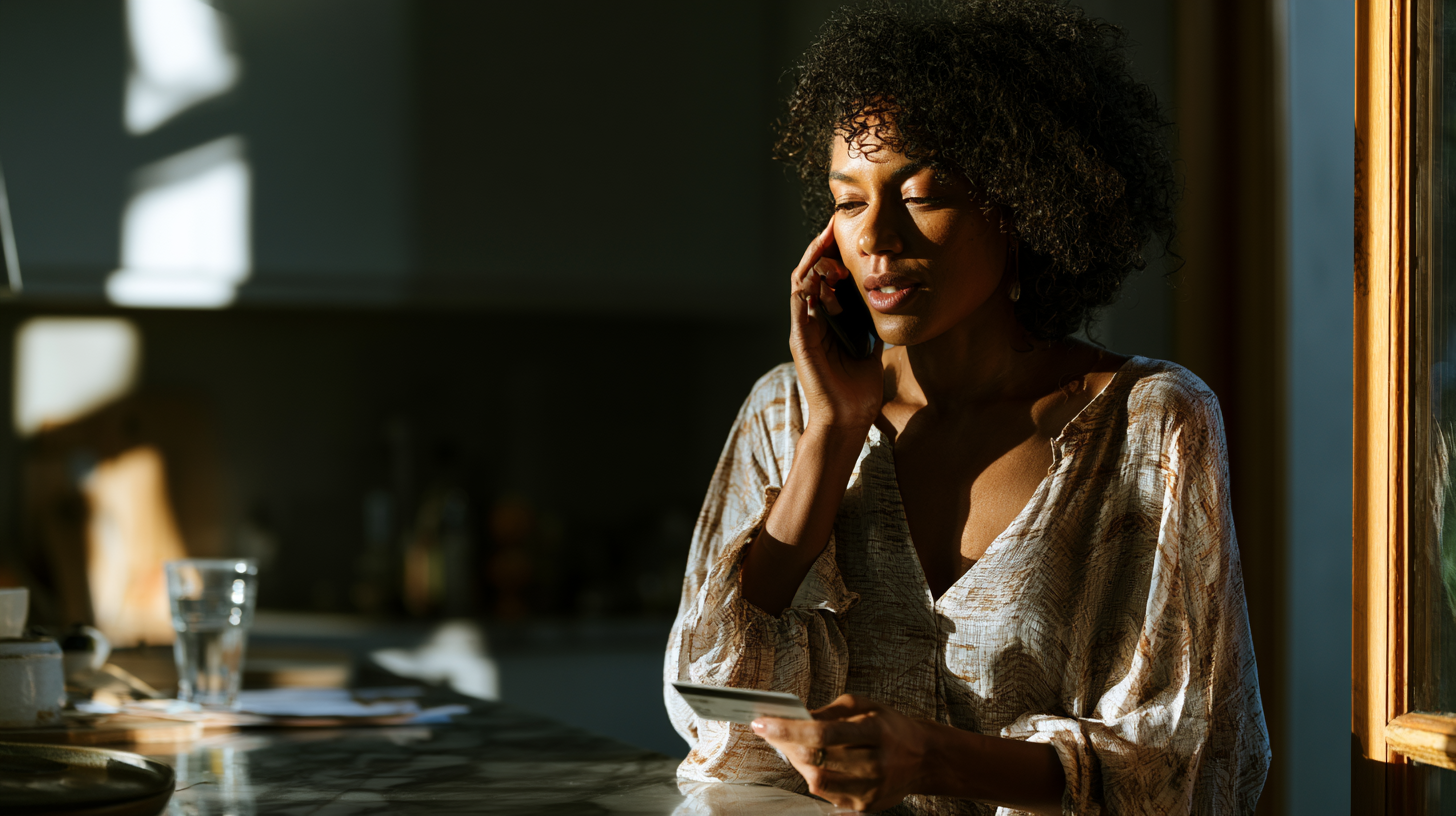 magellan-therapist-newark-nj - Caring Clarity Counseling Woman with Curly Hair Sits by a Window, Talking on Her Phone, Holding a White Card in Her Other Hand As Sunlight Falls on Her.