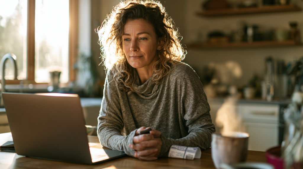 Woman Sits at a Sunlit Kitchen Table with a Laptop, Hands Clasped, Looking Thoughtful As a Medication Bottle Sits Nearby.