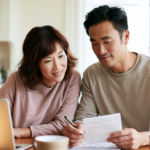 marriage-counseling-covered-by-insurance - Caring Clarity Counseling Couple Seated at a Kitchen Table Reviewing Documents Together with a Laptop Nearby.