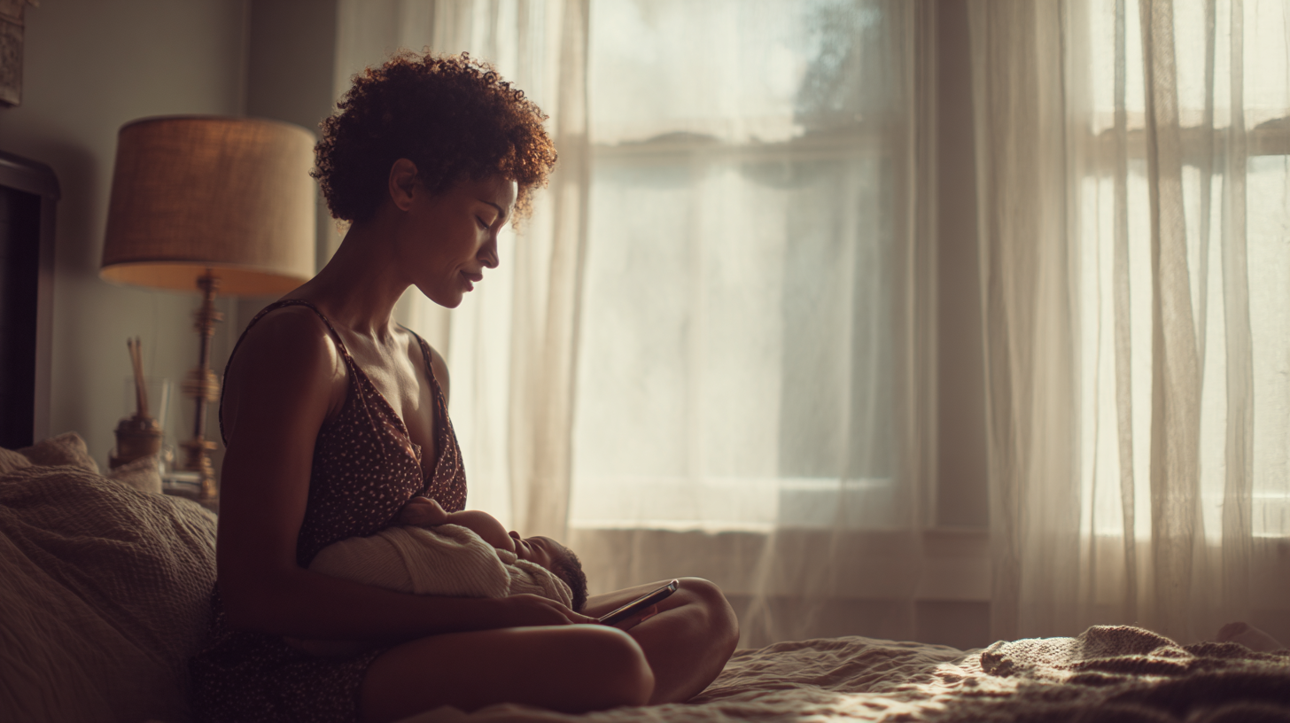mental-health-related-deaths-in-perinatal-care-statistics - Caring Clarity Counseling Woman Sitting on a Bed in a Sunlit Bedroom, Cradling a Baby Wrapped in a Blanket and Glancing at a Phone on Her Lap.