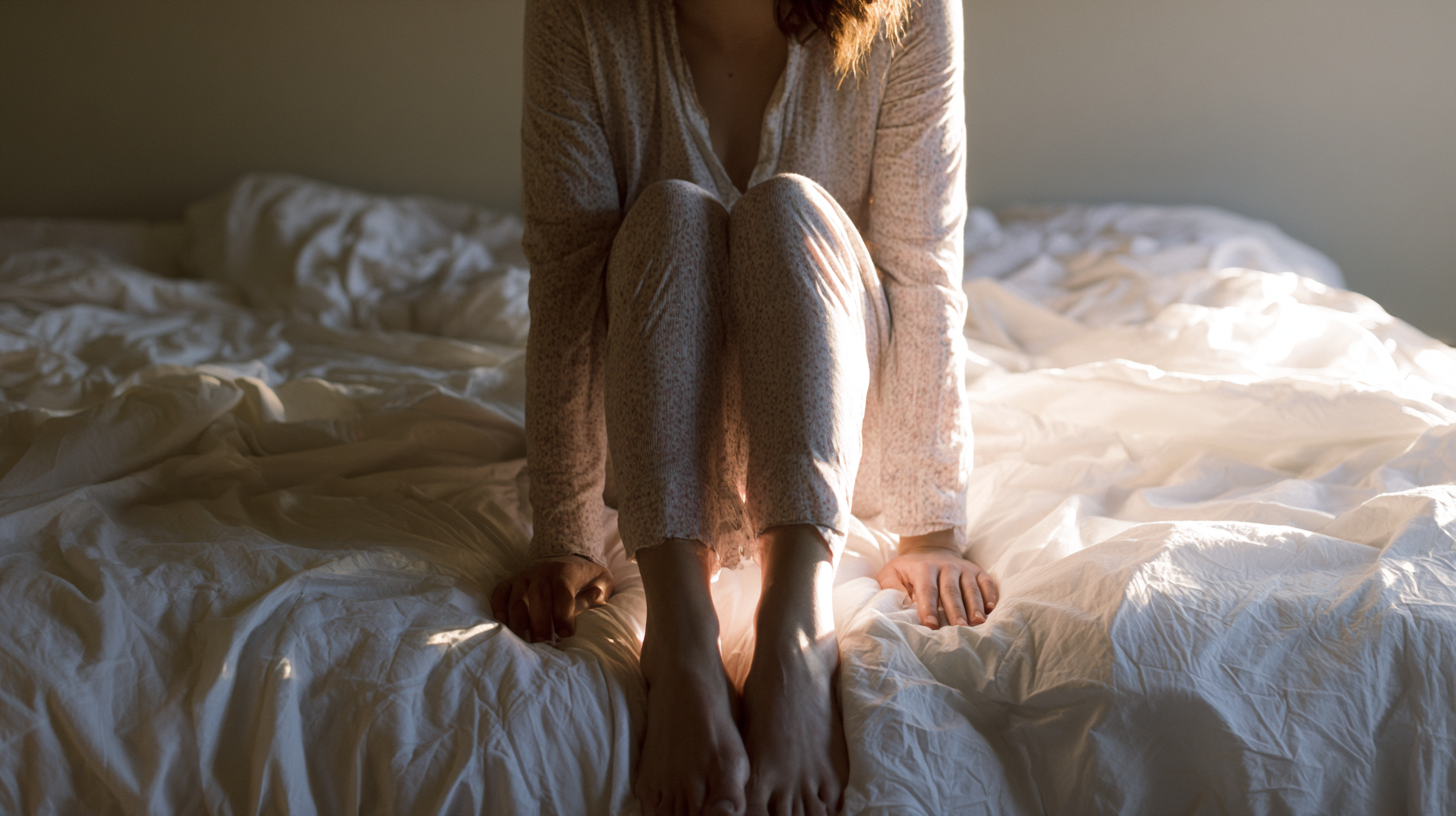 Person in Pale Pajamas Sits on a Rumpled Bed with Knees Up, Hands Resting on the Sheets, Warm Morning Light.