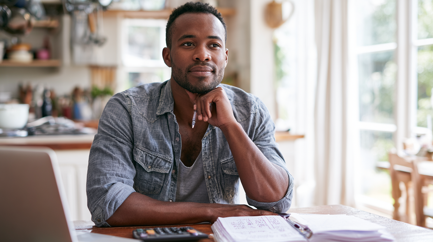 Man in a Denim Shirt Sits at a Wooden Table in a Bright Kitchen, Resting His Chin on a Pen and Thinking.