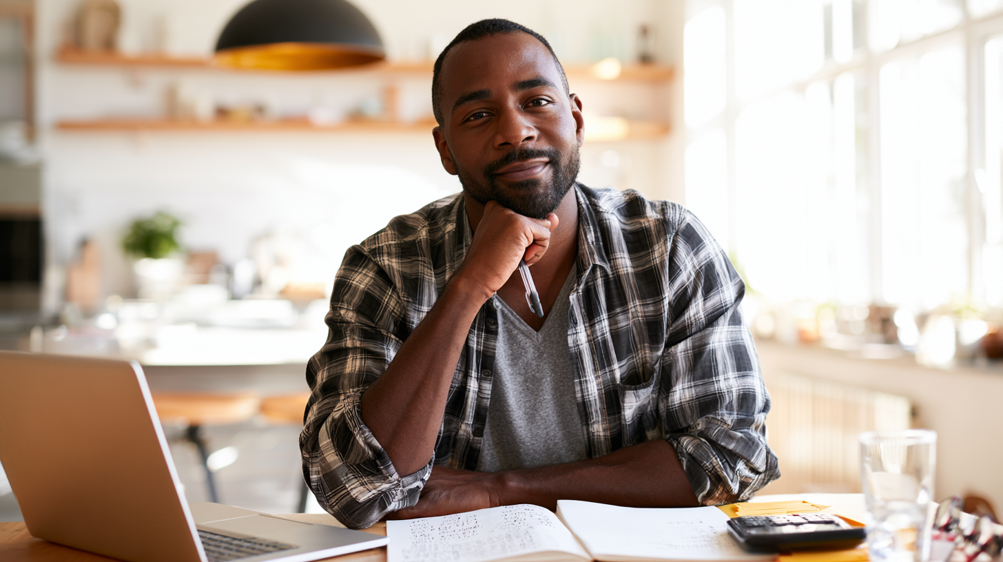 Finding a Magellan Therapist - Caring Clarity Counseling Man in a Plaid Shirt Rests His Chin on His Hand at a Desk with a Laptop and Notebook in a Bright, Casual Workspace.