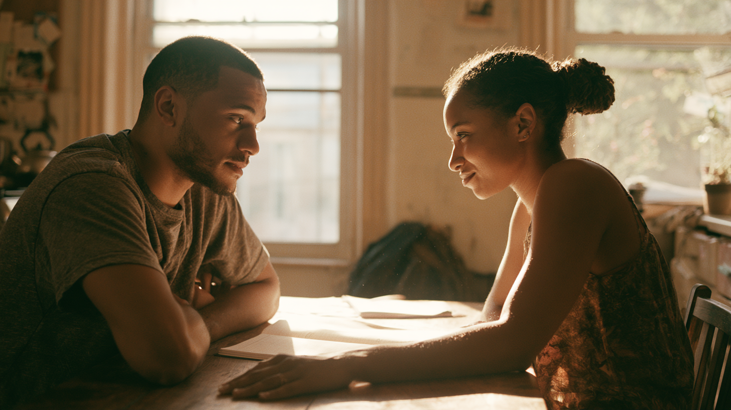 Two People Sit Across from Each Other at a Sunlit Table, Talking and Smiling As They Review Papers Together.