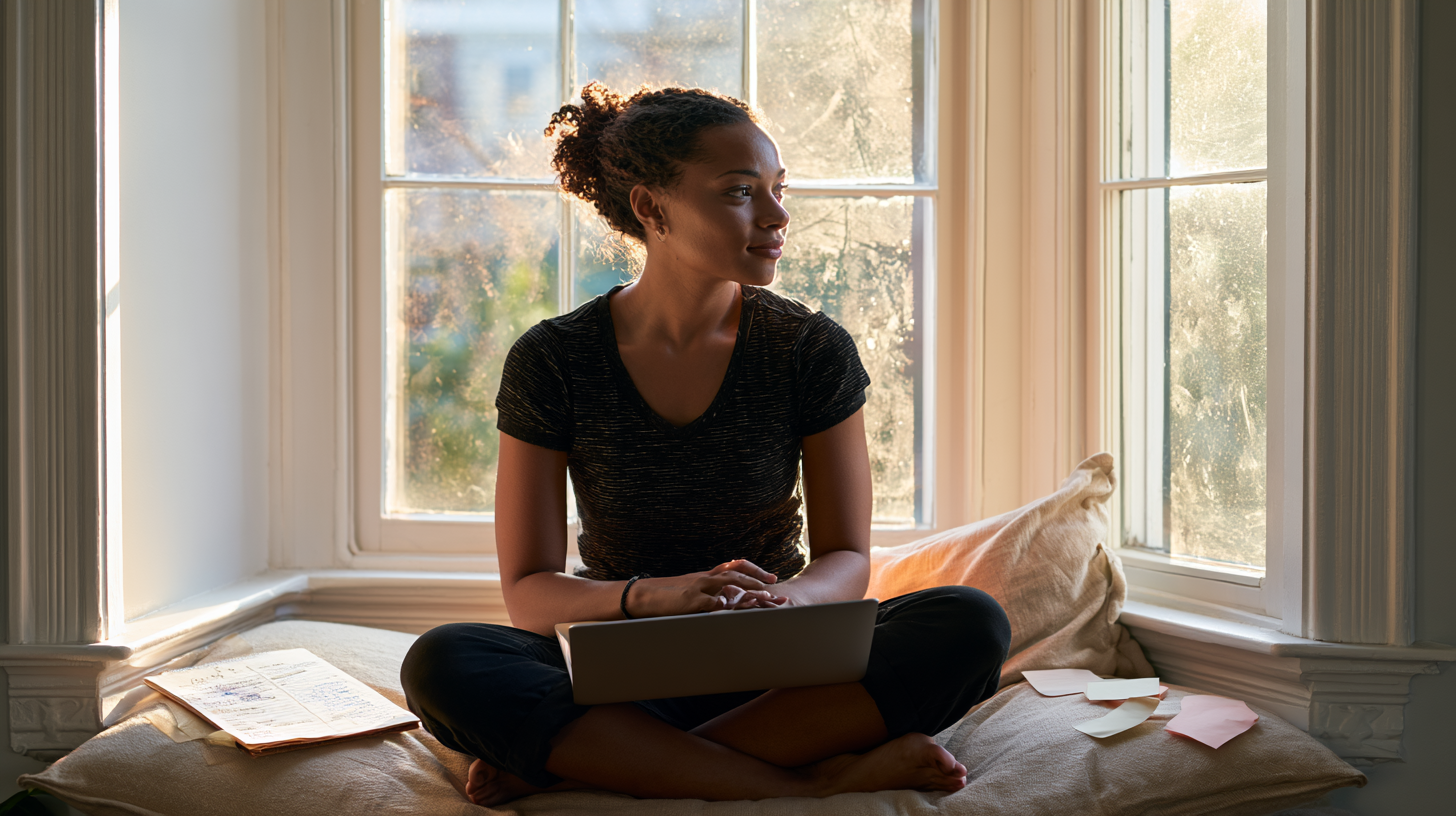 Woman Sits Cross‑legged on a Window Seat with a Laptop on Her Lap, Warm Sunlight Through Large Panes and Papers Nearby on a Cushion Behind Her.