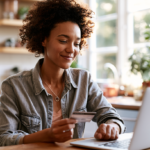 Woman shopping online at a kitchen table, holding a credit card beside a laptop.