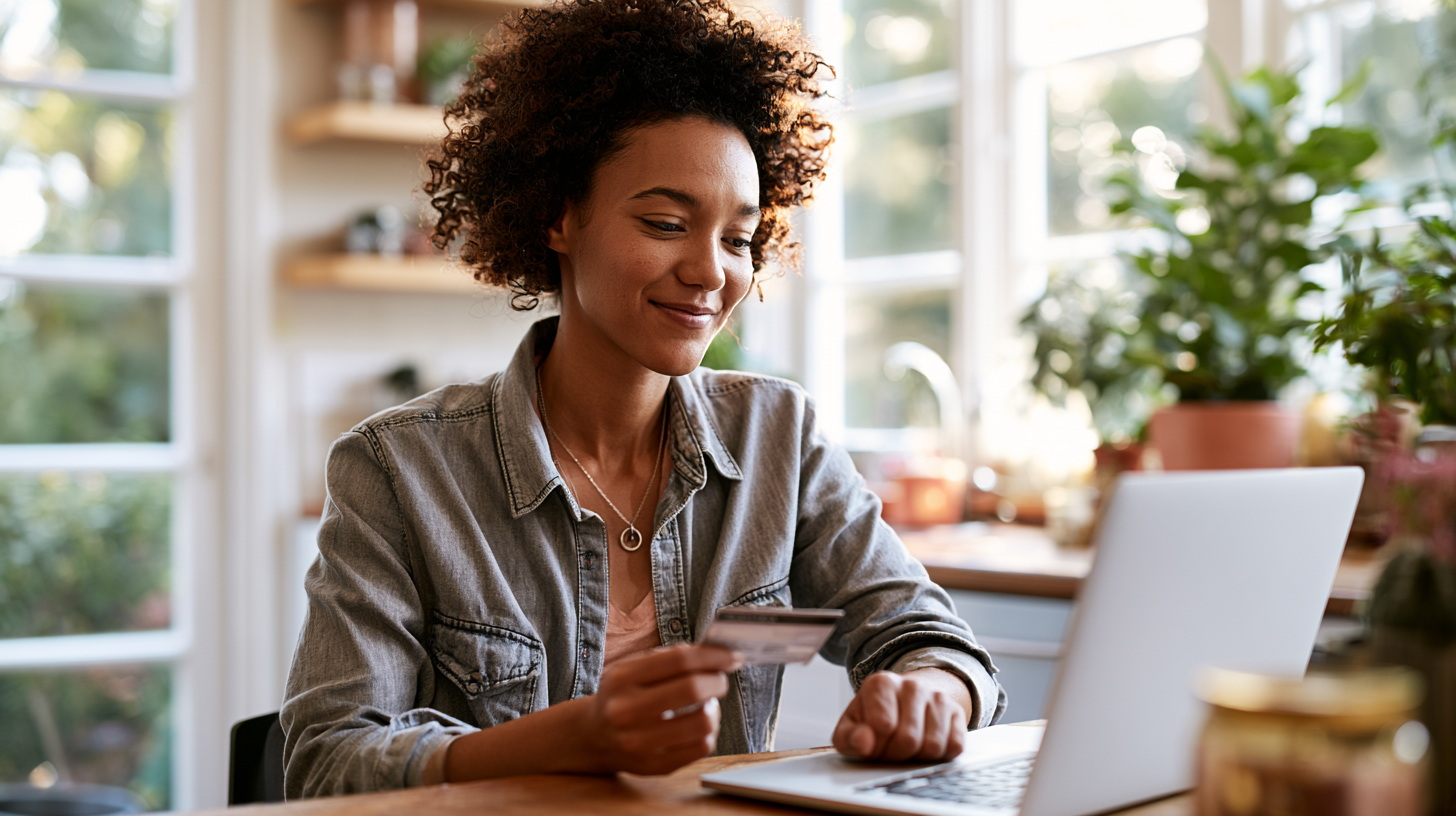 Woman Shopping Online at a Kitchen Table, Holding a Credit Card Beside a Laptop.
