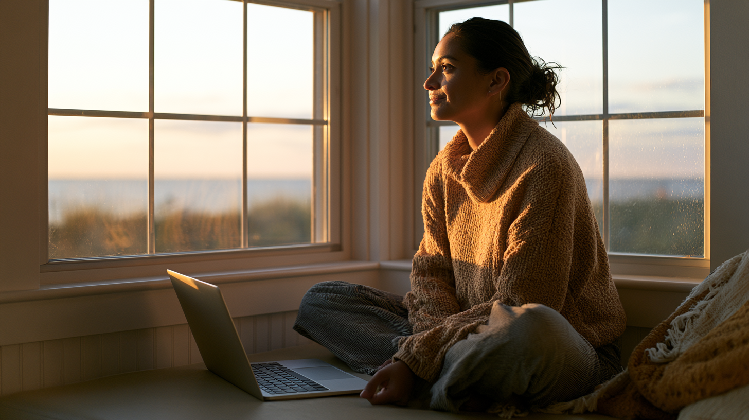 Woman in a Cozy Sweater Sits Cross-legged by a Sunlit Window with a Laptop on a Desk, Sunset Light Streaming In.