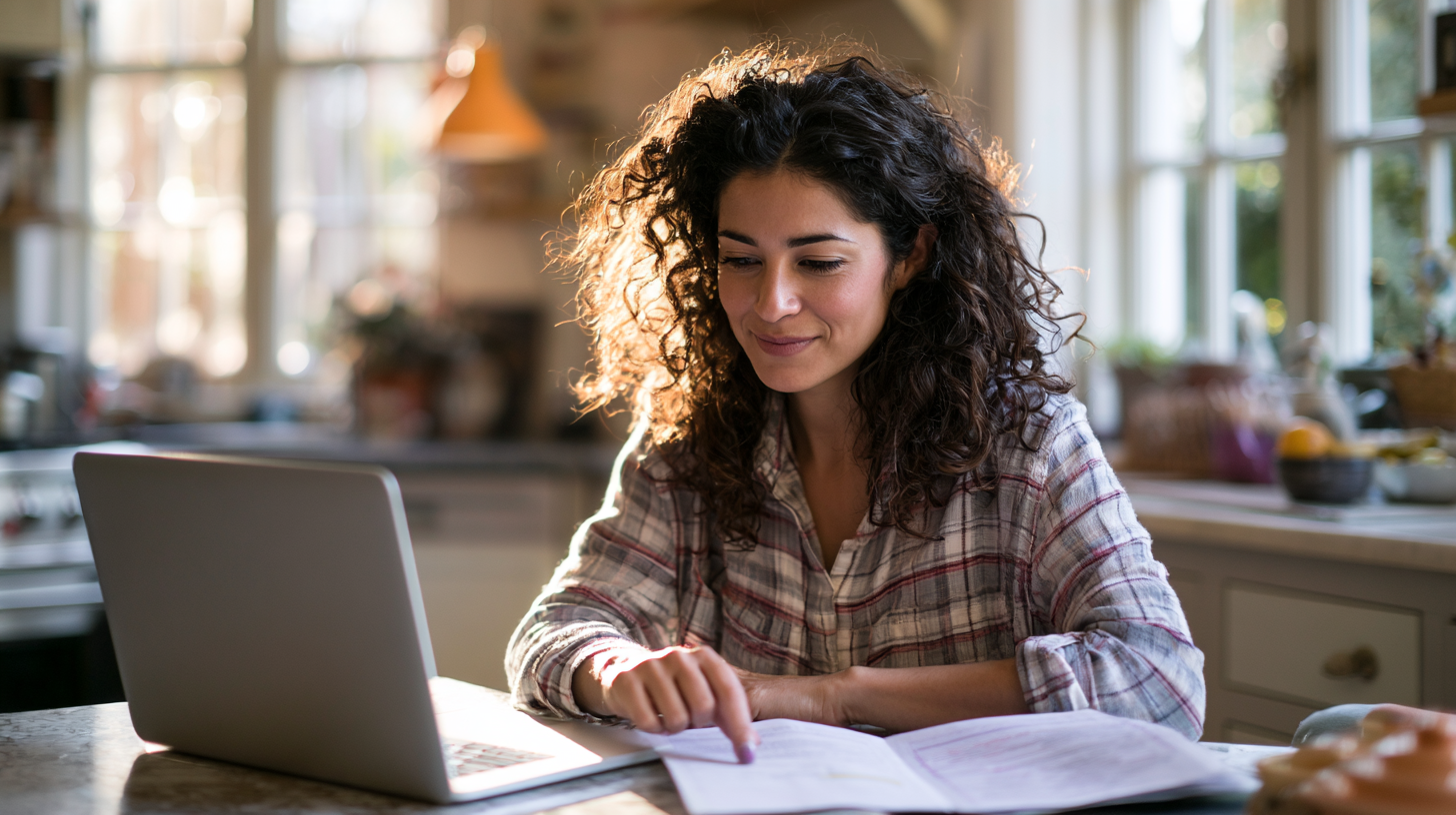 A Latina reviewing her insurance benefits - Caring Clarity Counseling Woman Studies at a Sunlit Kitchen Island with a Laptop and Open Notebook in Front of Her.