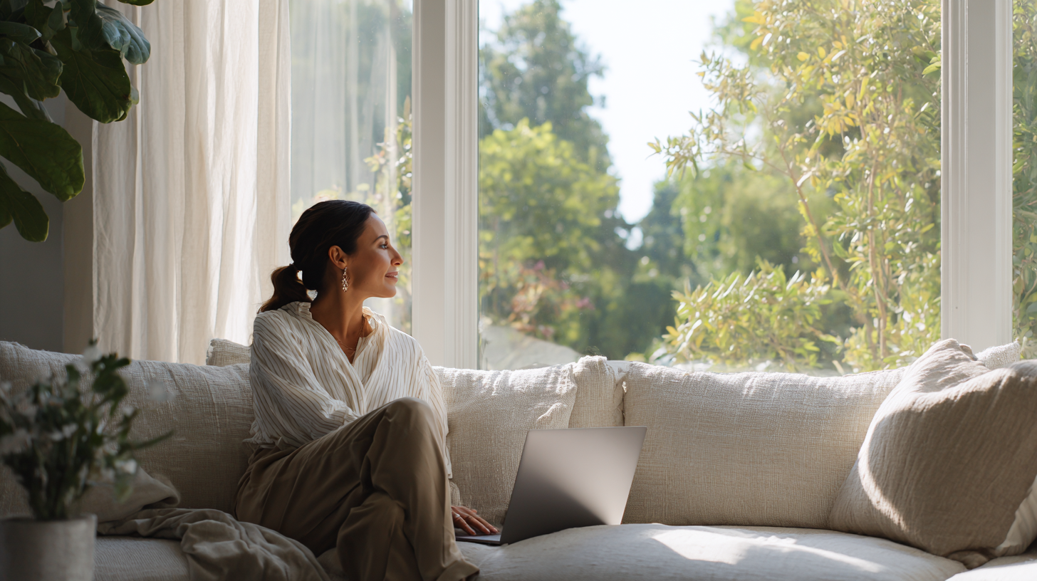 Woman Seated on a Light Sofa by a Large Window, Using an Open Laptop with Greenery Outside.