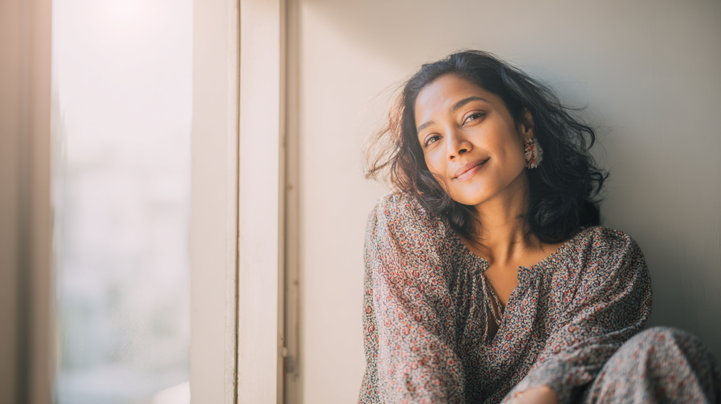 Portrait of a Smiling Woman with Dark Hair Sitting by a Sunlit Window in a Floral Blouse with Pink Earrings.