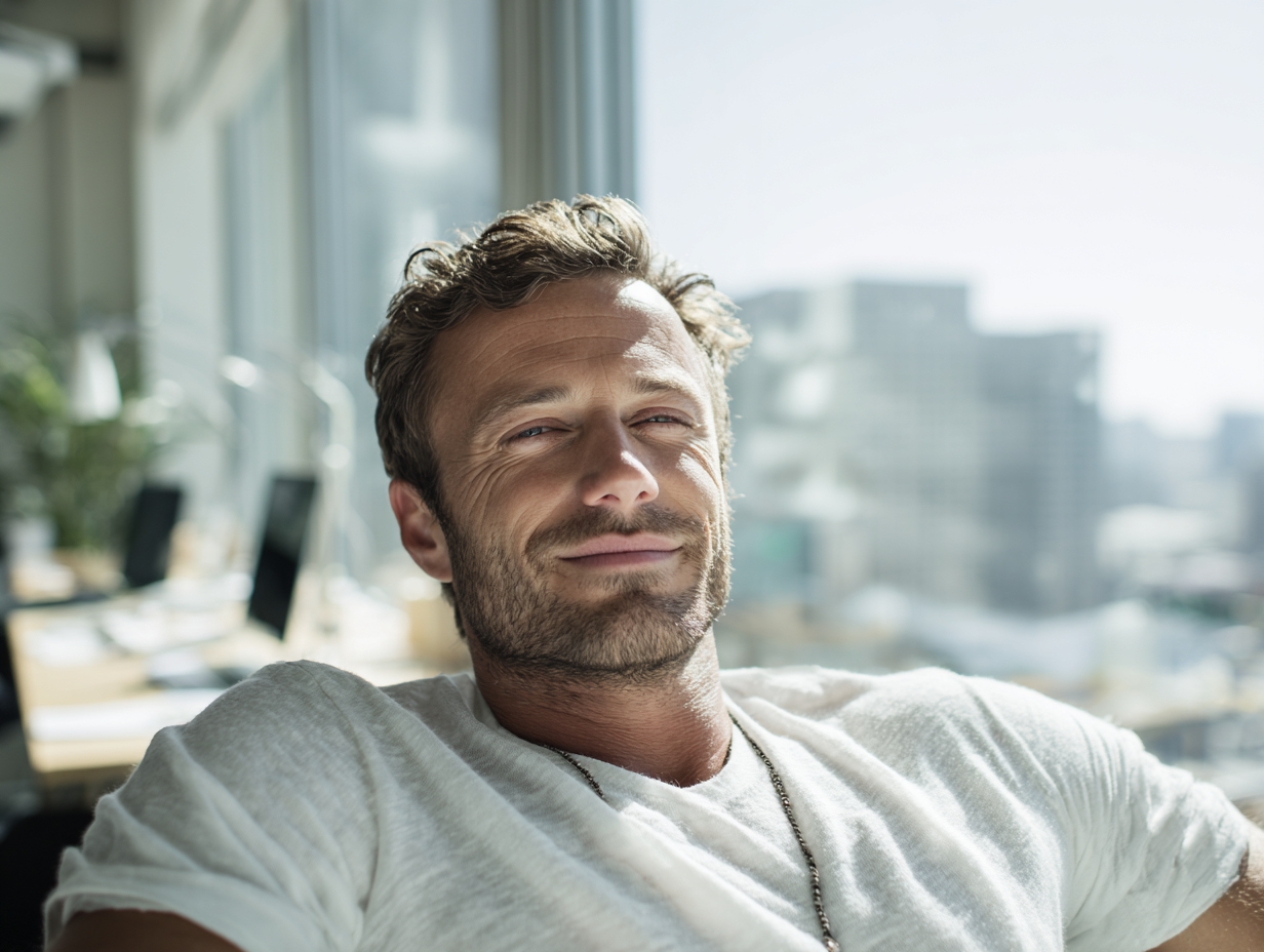 Man with Stubble in a Light Gray Shirt Leaning Back and Smiling in a Bright Office by a Window with City Buildings Outside.