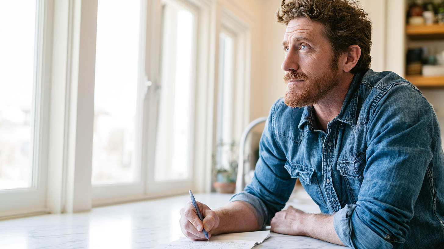 Man in a Blue Denim Shirt Writes in a Notebook at a Bright, Sunlit Kitchen Counter by Large Windows.