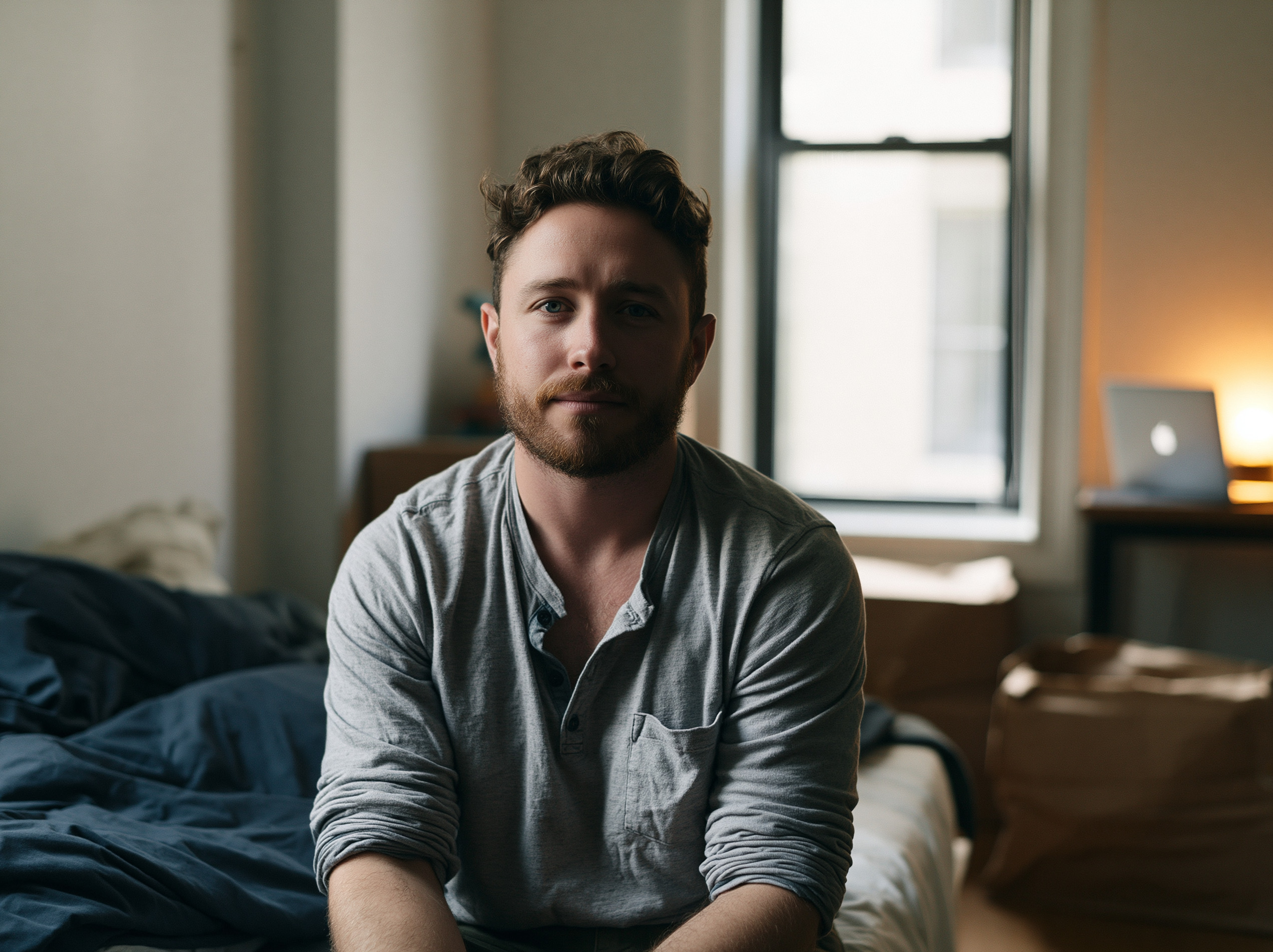 Man with a Beard Sits on a Bed in a Gray Shirt, Looking at the Camera in a Softly Lit Bedroom with a Window Behind Him.