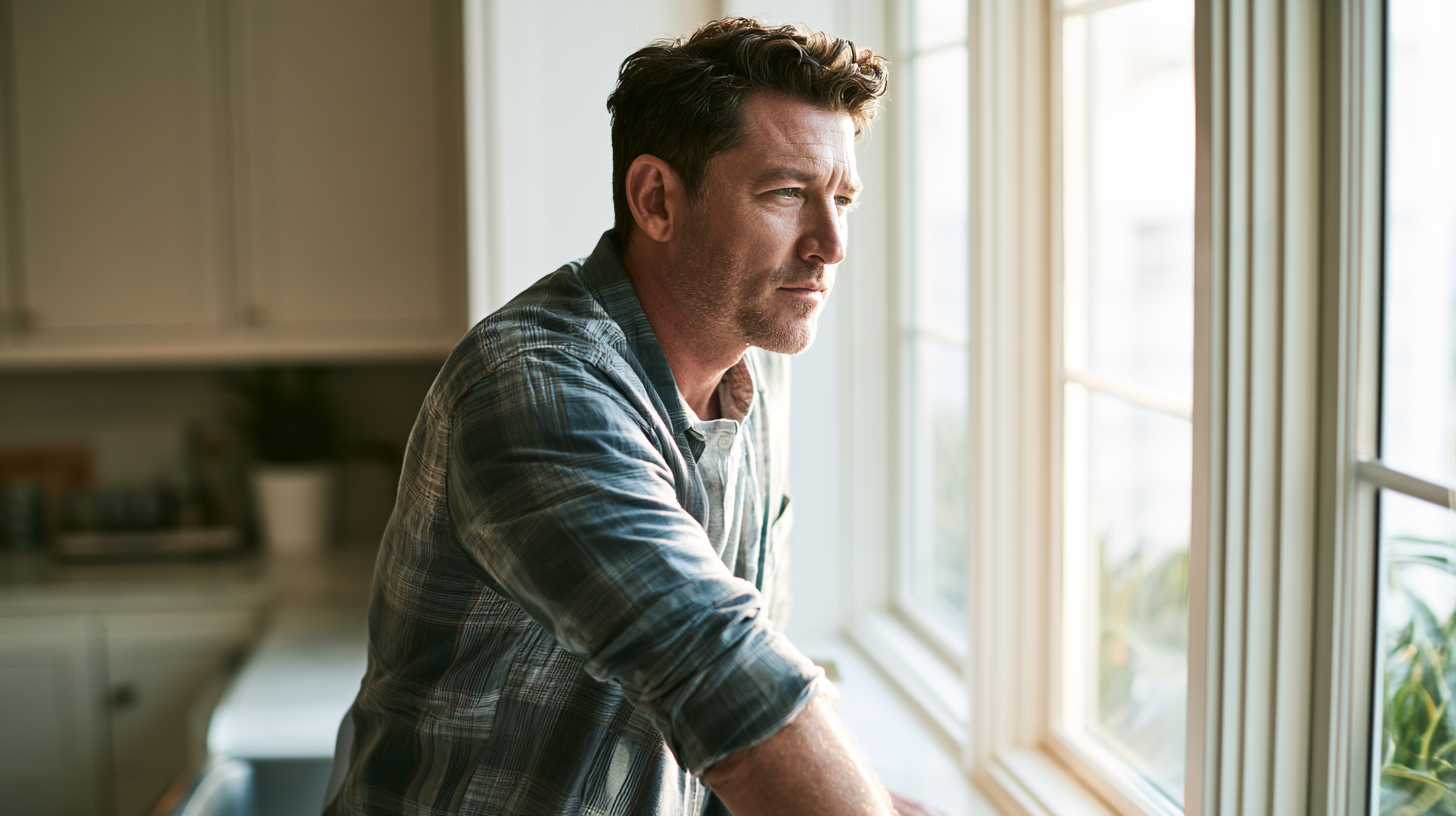 Man in a Plaid Shirt Leans on a Kitchen Windowsill, Gazing Thoughtfully Outside