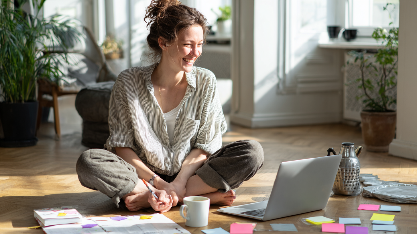 Woman Sits Cross‑legged on a Sunlit Wooden Floor, Writing on Colorful Sticky Notes with a Laptop Nearby.