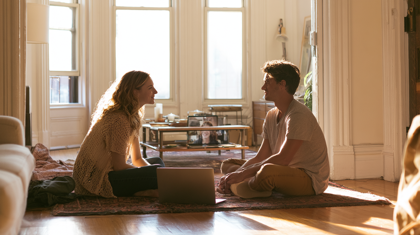 Two People Sit Cross‑legged on a Rug in a Sunlit Living Room, Having a Video Call on a Laptop Between Them.