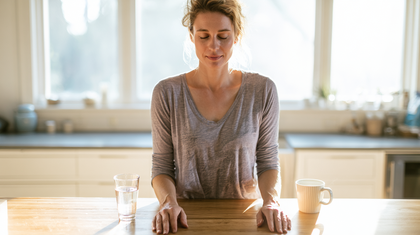 Woman with Eyes Closed Standing at a Kitchen Island, Hands Resting on the Table, with a Glass of Water and a Mug Nearby.
