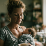 Mother Gently Holds a Sleeping Baby Wrapped in a Gray Blanket in a Sunlit Kitchen by a Window.